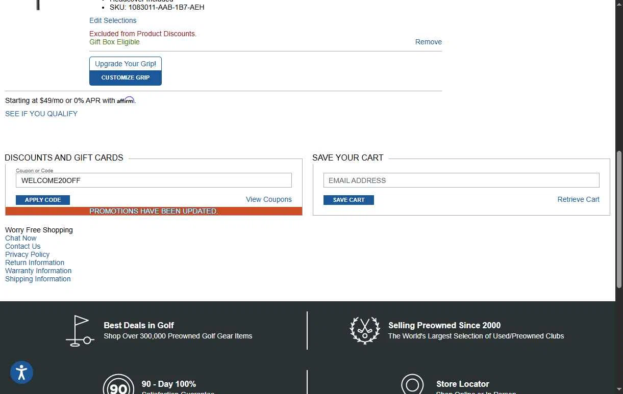Global Golf checkout page showing Global Golf promo code box | Screenshot taken by SimplyCodes community member on Dec 28, 2025
