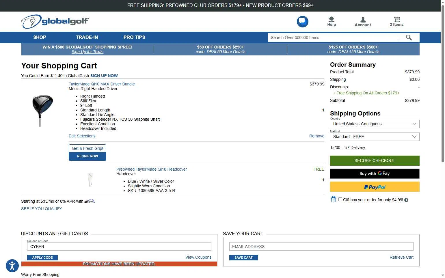 Global Golf checkout page showing Global Golf promo code box | Screenshot taken by SimplyCodes community member on Dec 25, 2025