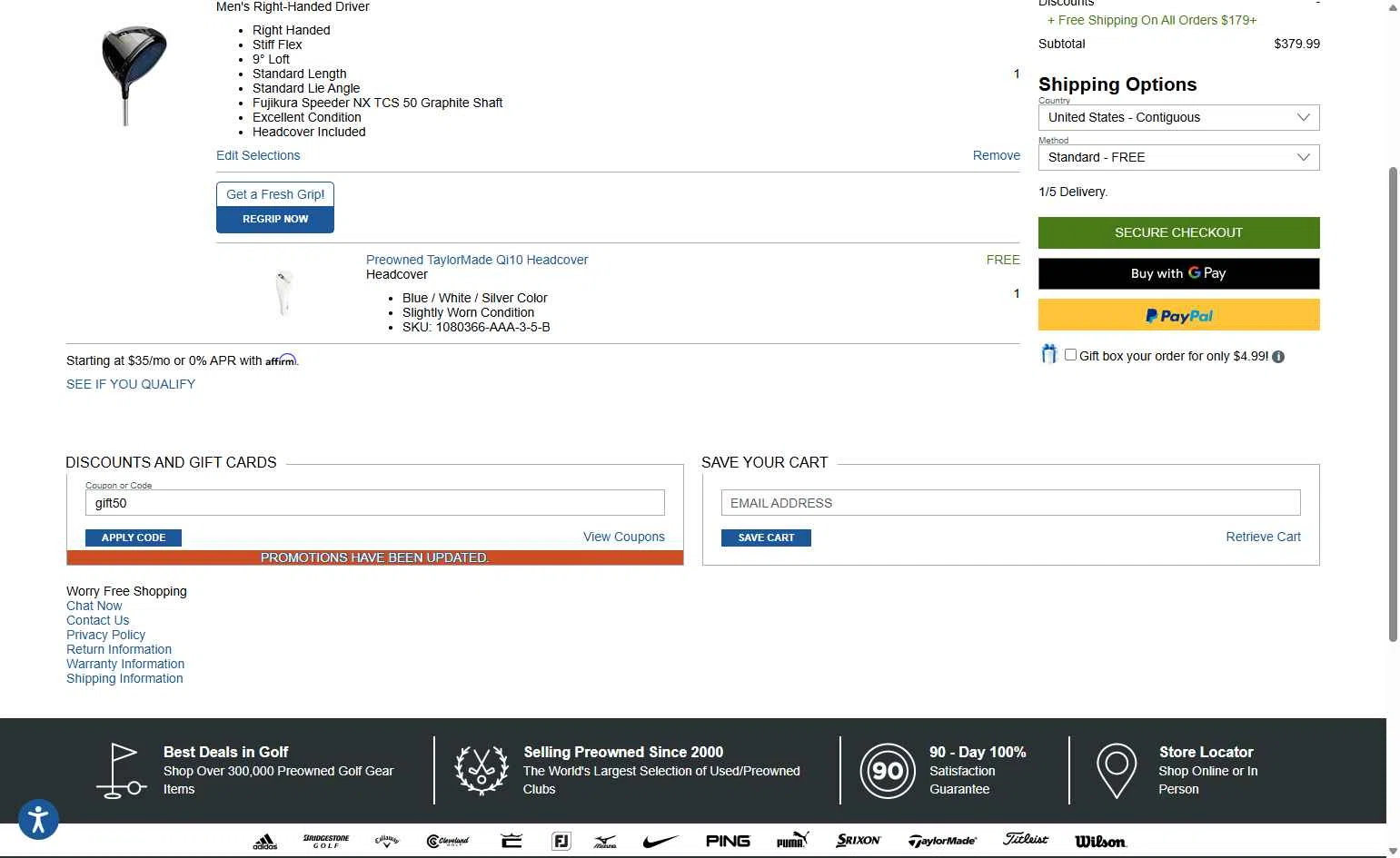 Global Golf checkout page showing Global Golf promo code box | Screenshot taken by SimplyCodes community member on Dec 19, 2025