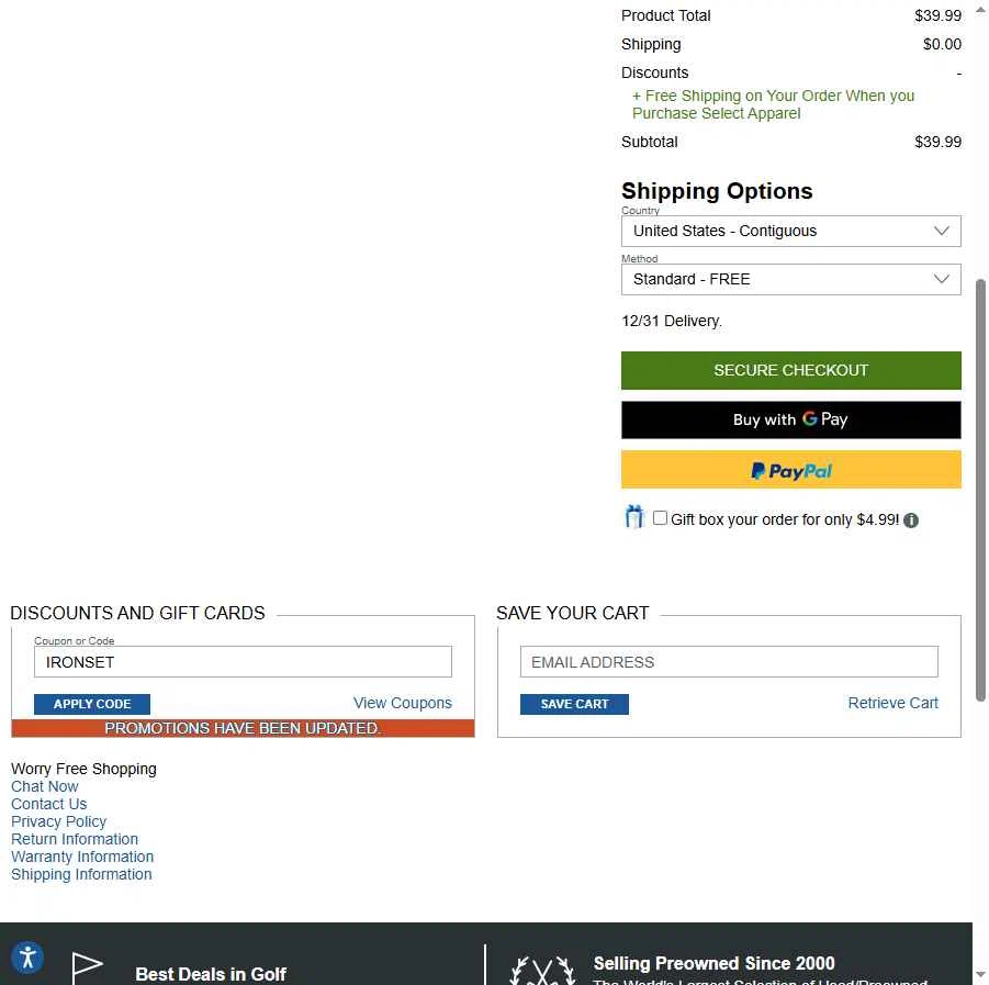 Global Golf checkout page showing Global Golf promo code box | Screenshot taken by SimplyCodes community member on Dec 17, 2025