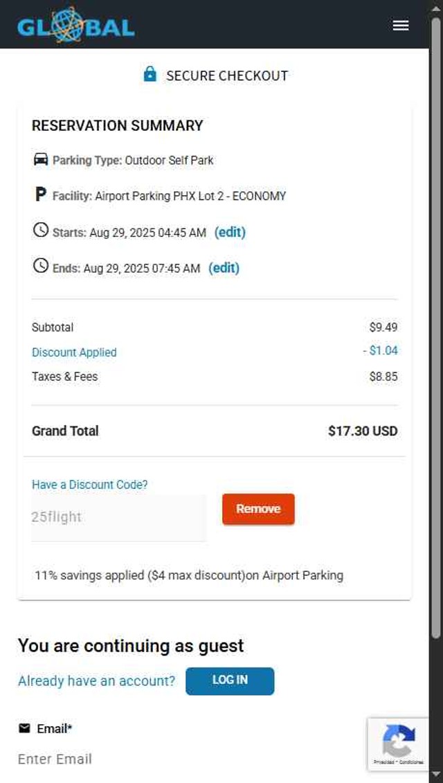 Global Airport Parking checkout page showing Global Airport Parking discount code box | Screenshot taken by SimplyCodes community member on Aug 29, 2025