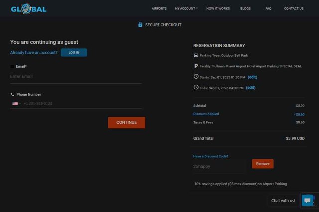 Global Airport Parking checkout page showing Global Airport Parking discount code box | Screenshot taken by SimplyCodes community member on Sep 1, 2025