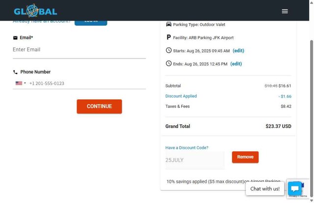 Global Airport Parking checkout page showing Global Airport Parking discount code box | Screenshot taken by SimplyCodes community member on Aug 26, 2025
