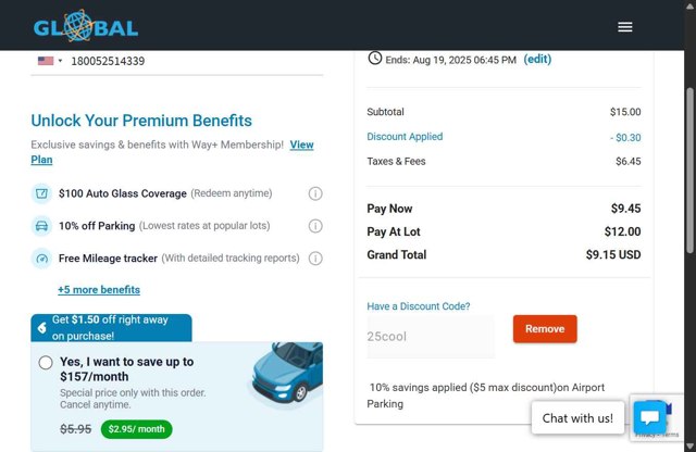 Global Airport Parking checkout page showing Global Airport Parking discount code box | Screenshot taken by SimplyCodes community member on Aug 19, 2025