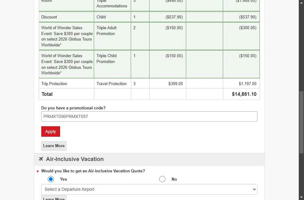 Globus US checkout page showing Globus US promo code box | Screenshot taken by SimplyCodes community member on Aug 26, 2025