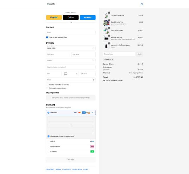 GlocalMe checkout page showing GlocalMe promo code box | Screenshot taken by SimplyCodes community member on Sep 5, 2025