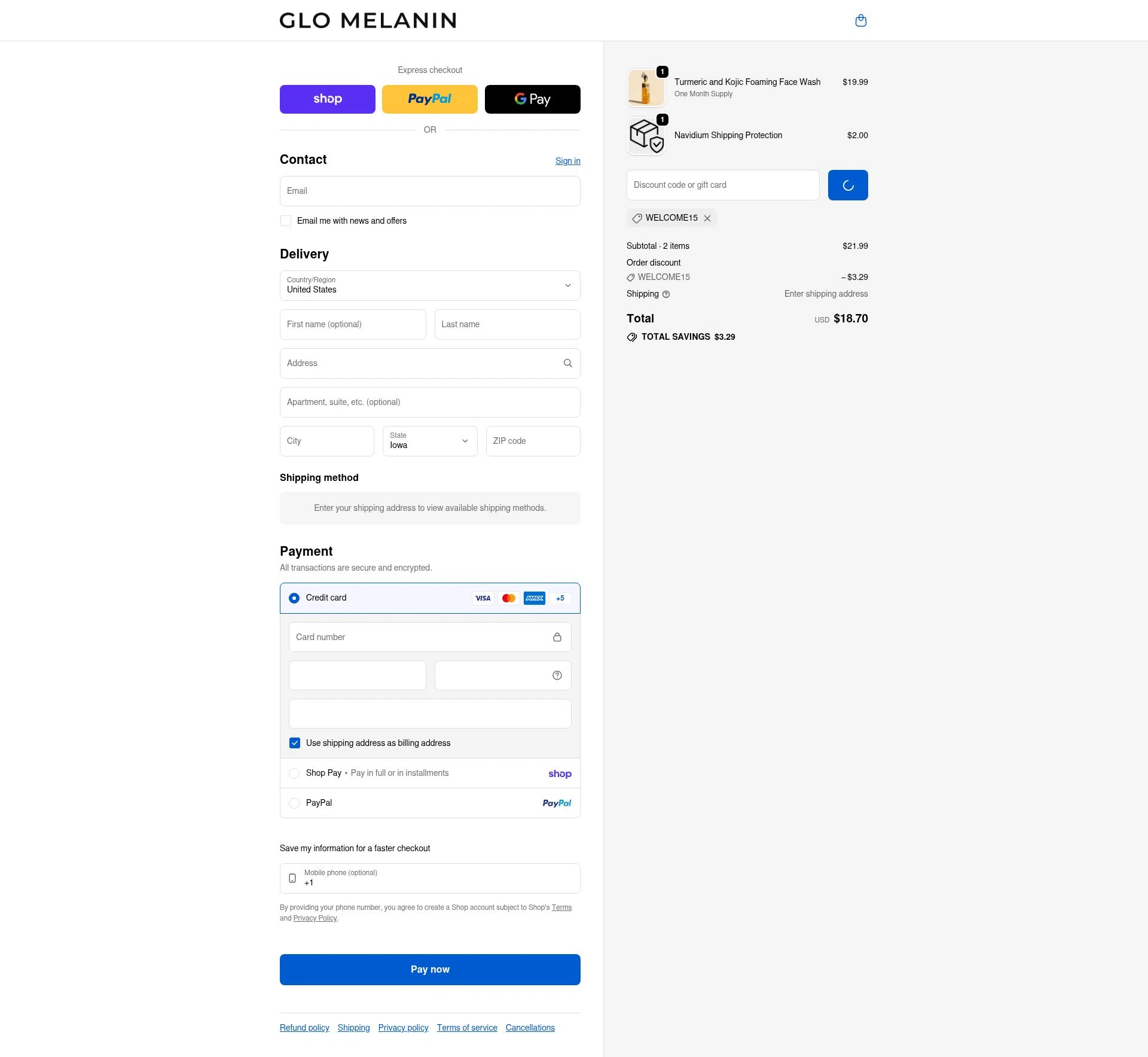 Glo Melanin checkout page showing Glo Melanin discount code box | Screenshot taken by SimplyCodes community member on Feb 17, 2026