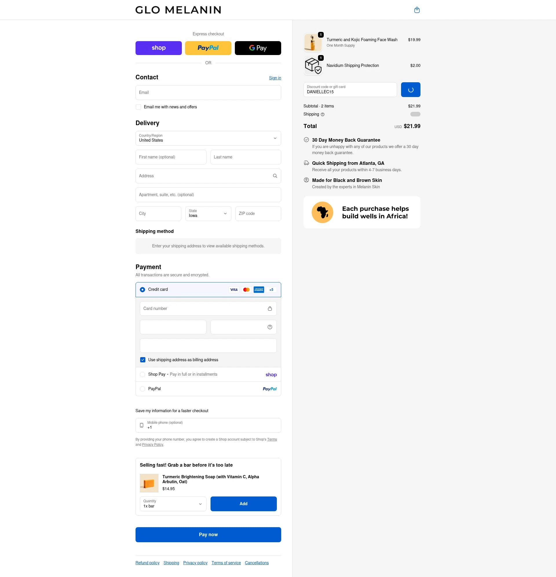 Glo Melanin checkout page showing Glo Melanin discount code box | Screenshot taken by SimplyCodes community member on Feb 17, 2026