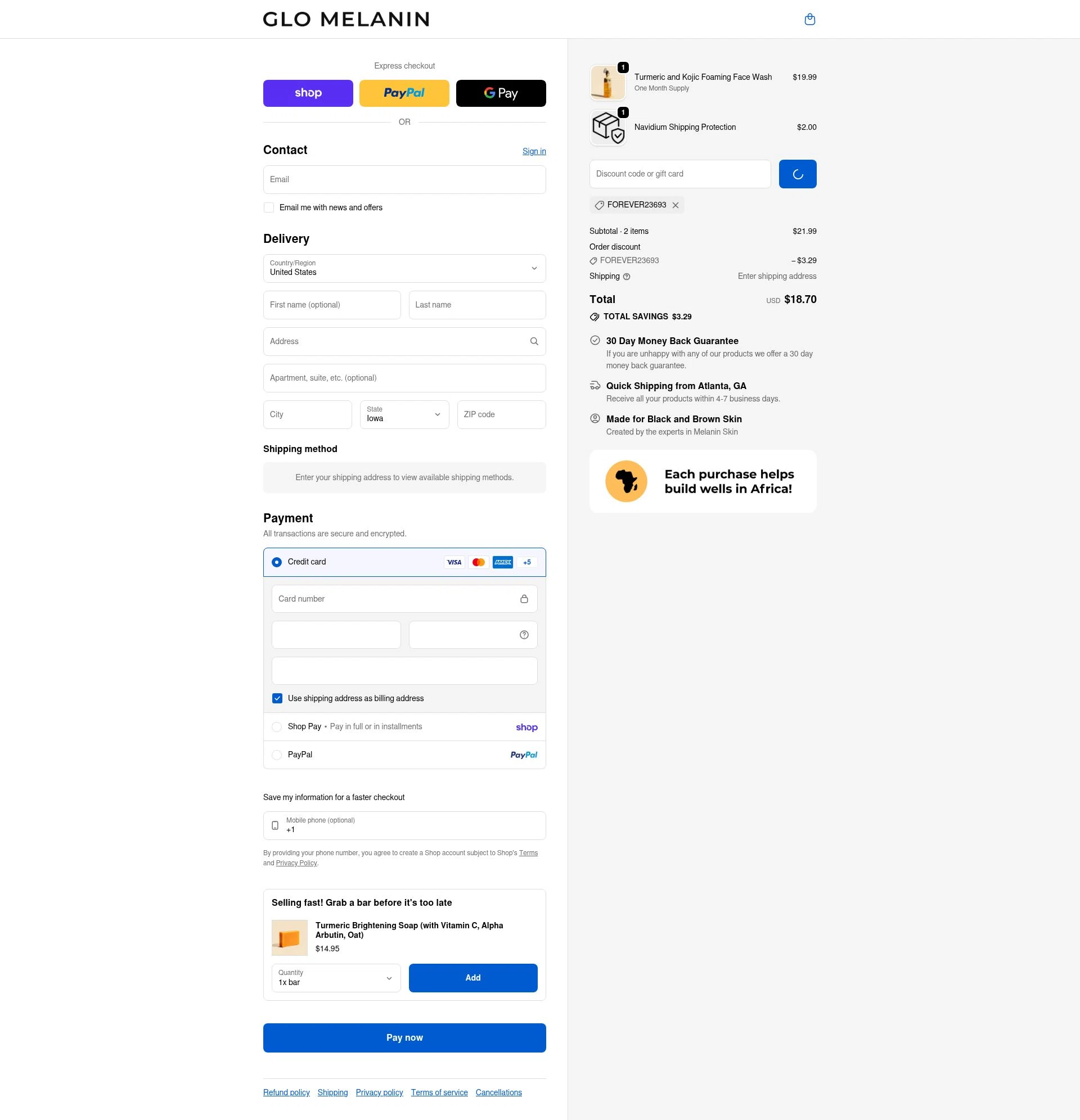 Glo Melanin checkout page showing Glo Melanin discount code box | Screenshot taken by SimplyCodes community member on Feb 17, 2026
