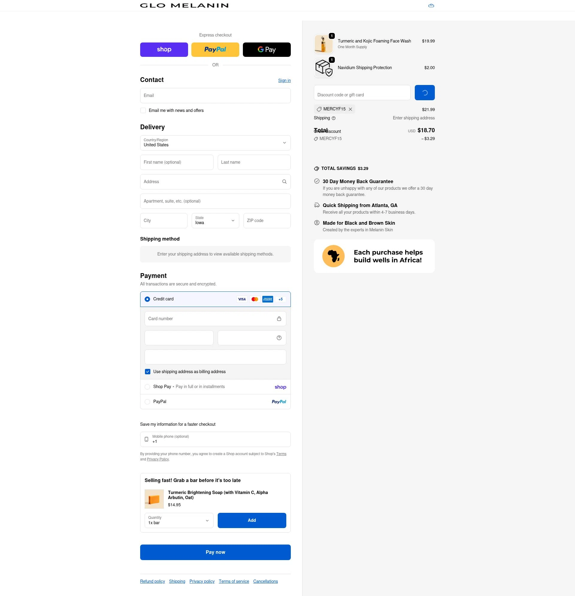 Glo Melanin checkout page showing Glo Melanin discount code box | Screenshot taken by SimplyCodes community member on Feb 17, 2026