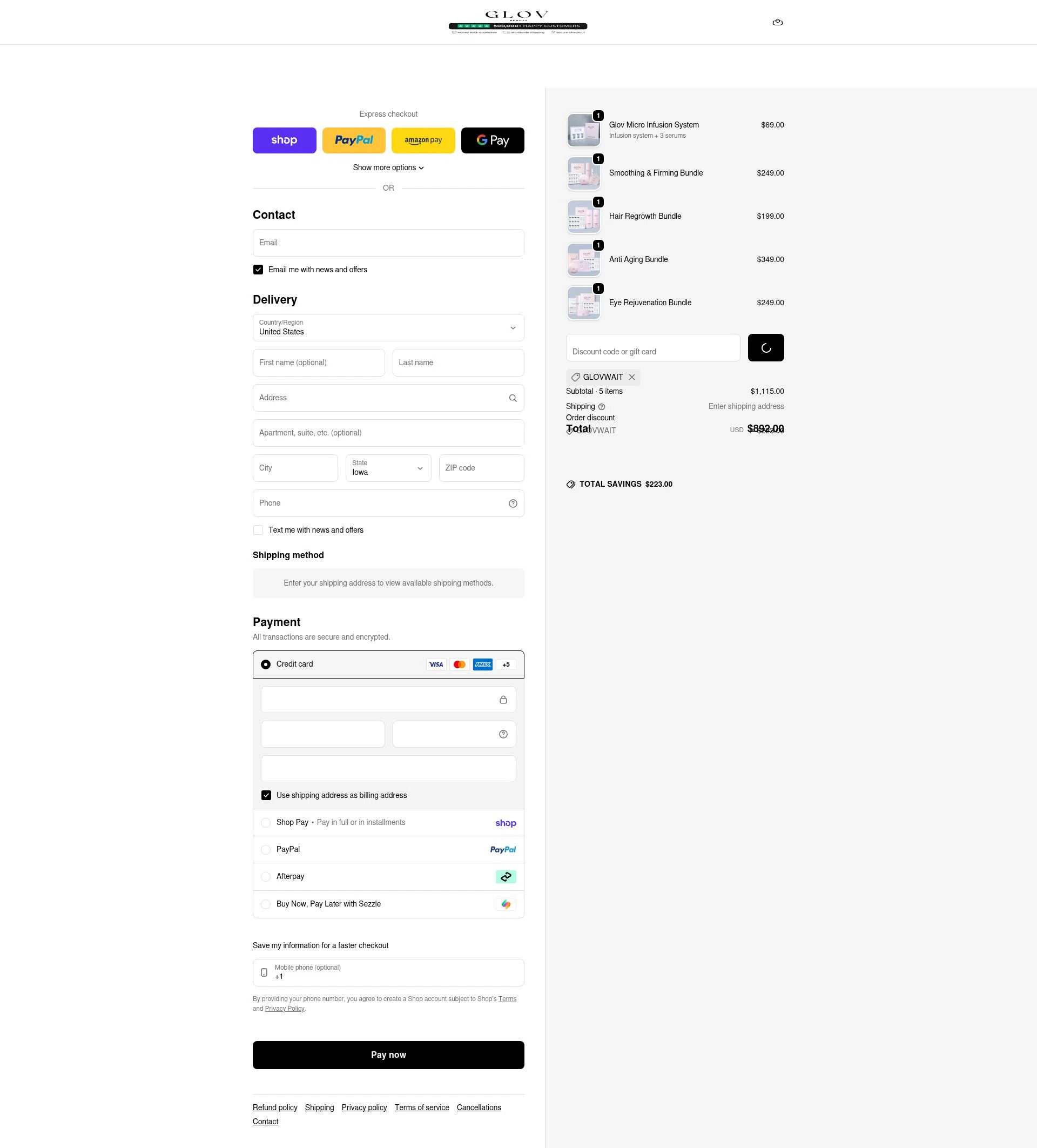 Glov Beauty checkout page showing Glov Beauty discount code box | Screenshot taken by SimplyCodes community member on Feb 21, 2026