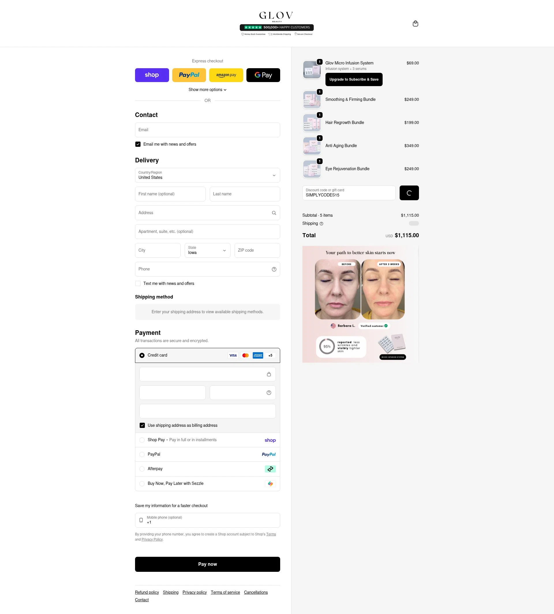 Glov Beauty checkout page showing Glov Beauty discount code box | Screenshot taken by SimplyCodes community member on Feb 21, 2026