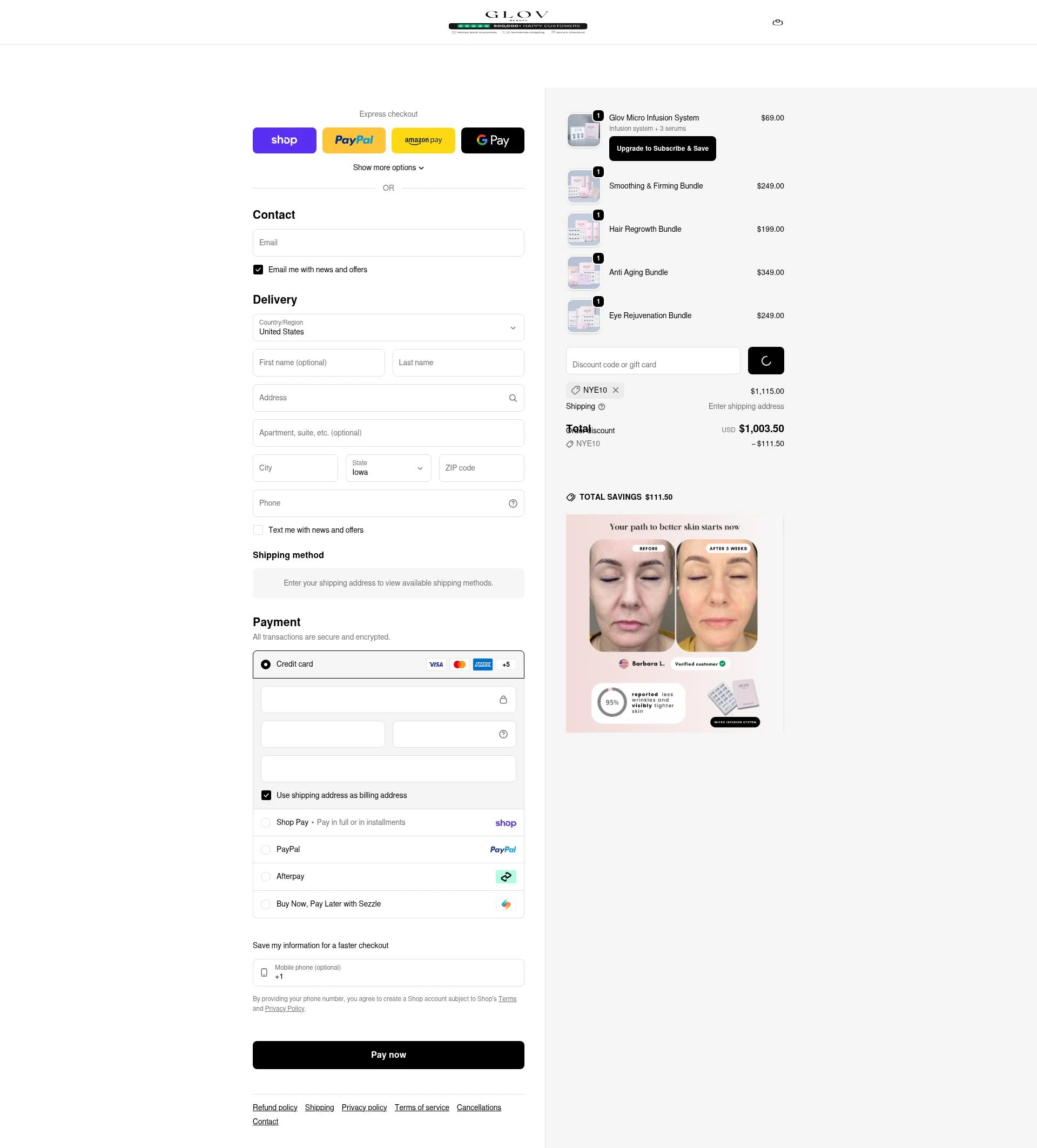 Glov Beauty checkout page showing Glov Beauty discount code box | Screenshot taken by SimplyCodes community member on Feb 21, 2026