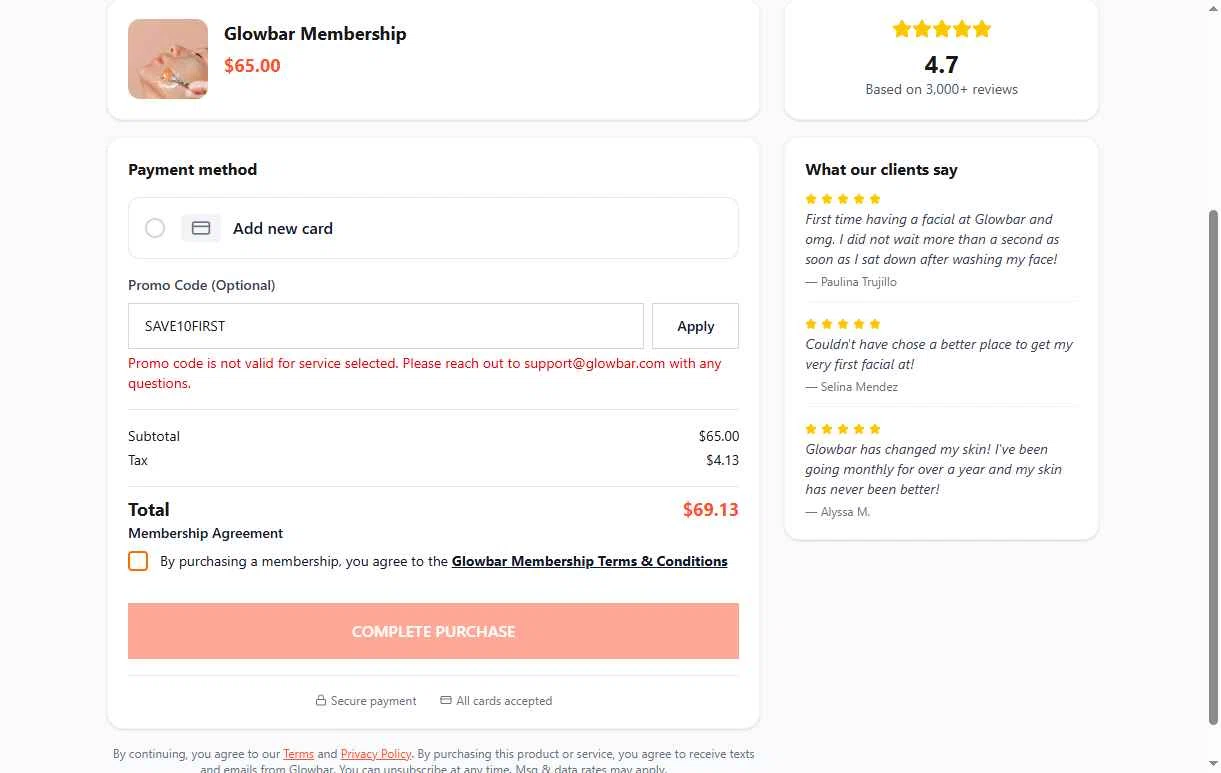 Glowbar checkout page showing Glowbar promo code box | Screenshot taken by SimplyCodes community member on Jan 27, 2026
