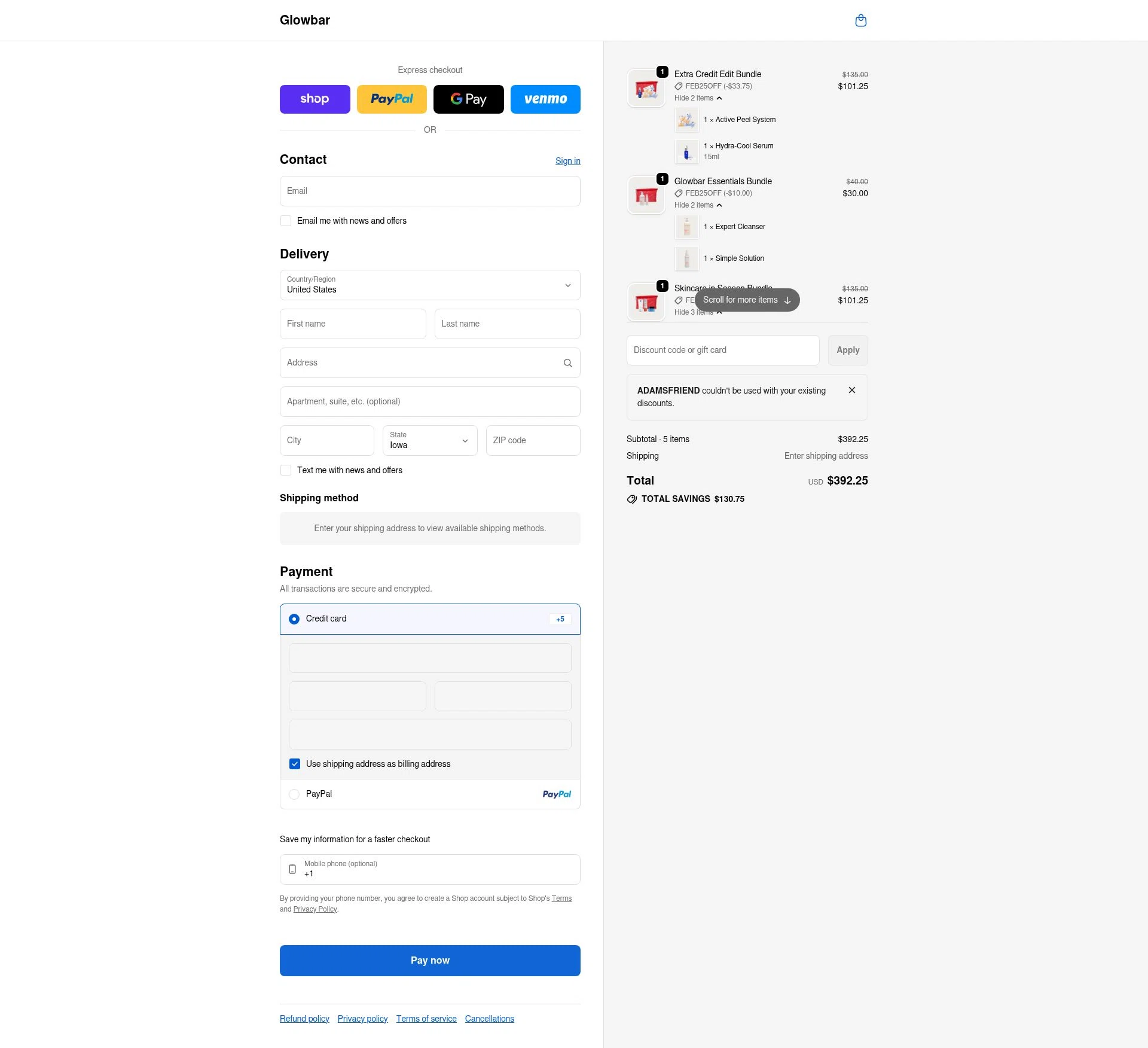 Glowbar checkout page showing Glowbar promo code box | Screenshot taken by SimplyCodes community member on Feb 1, 2026