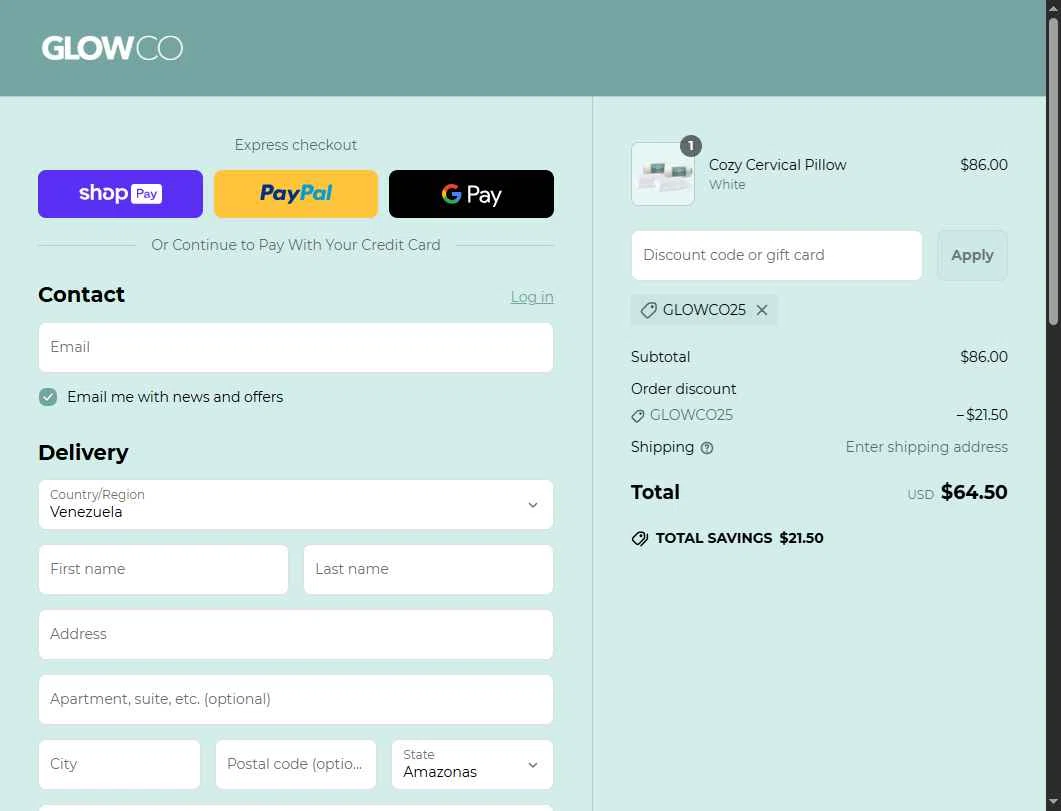 GlowCo checkout page showing GlowCo discount code box | Screenshot taken by SimplyCodes community member on Jun 14, 2025
