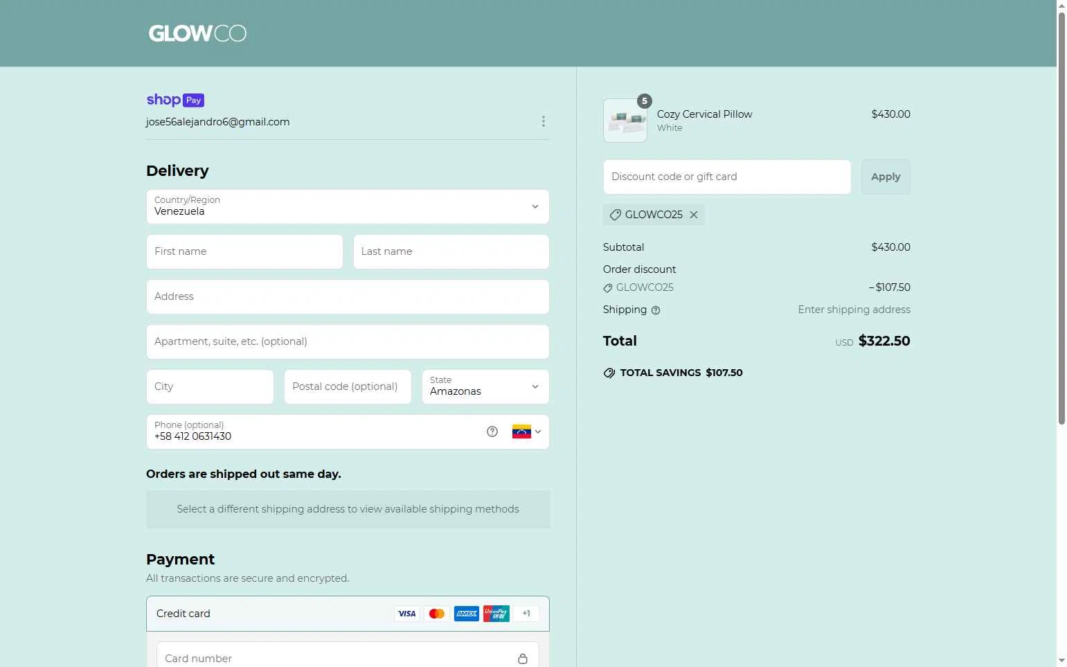GlowCo checkout page showing GlowCo discount code box | Screenshot taken by SimplyCodes community member on Jun 14, 2025