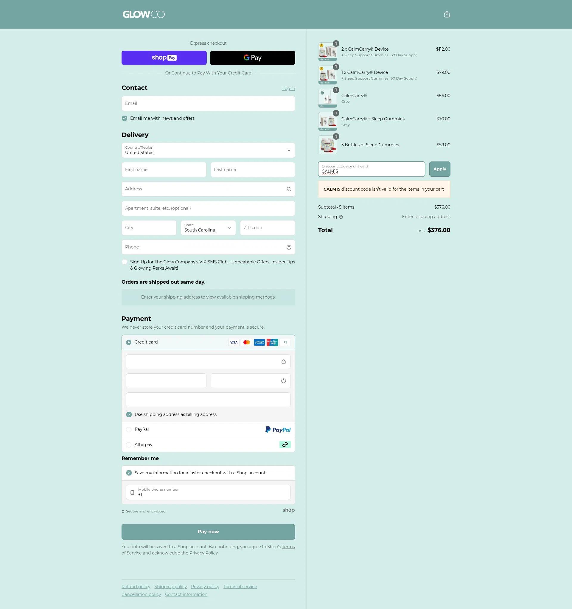 GlowCo checkout page showing GlowCo discount code box | Screenshot taken by SimplyCodes community member on Jun 15, 2025