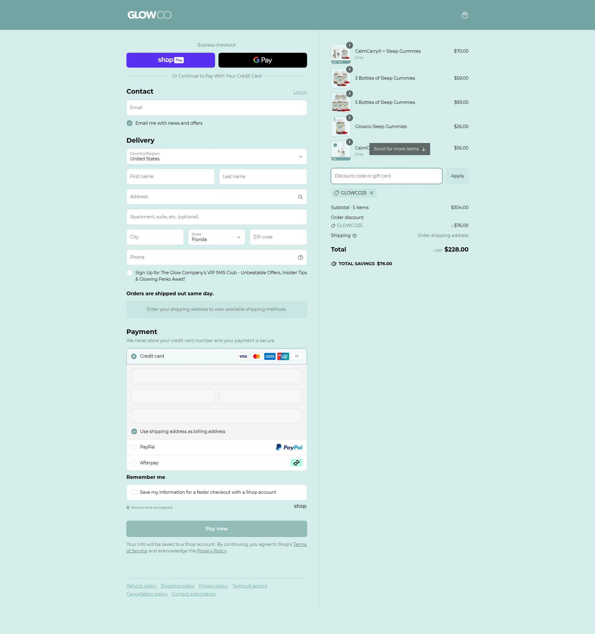 GlowCo checkout page showing GlowCo discount code box | Screenshot taken by SimplyCodes community member on Jun 6, 2025