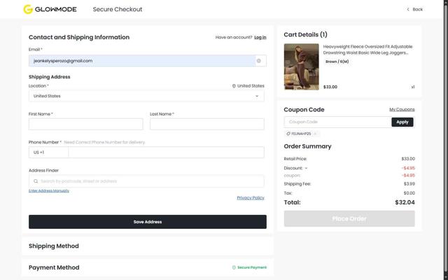 GLOWMODE checkout page showing GLOWMODE discount code box | Screenshot taken by SimplyCodes community member on Sep 14, 2025