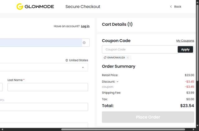 GLOWMODE checkout page showing GLOWMODE discount code box | Screenshot taken by SimplyCodes community member on Sep 9, 2025
