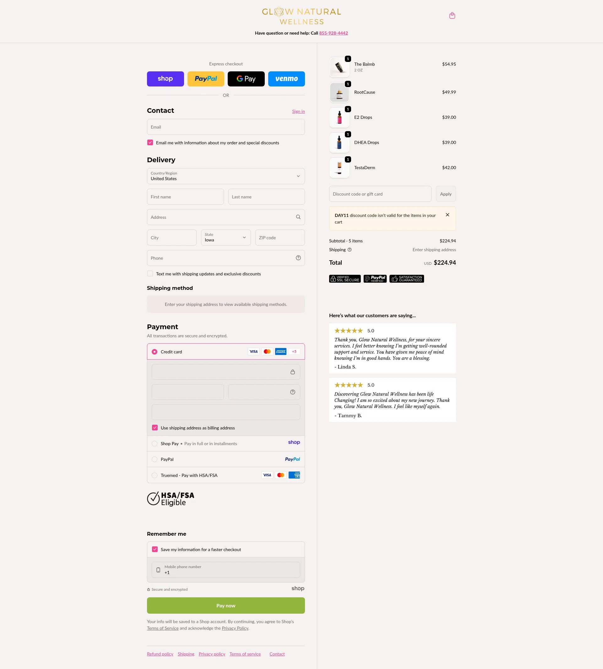 GLOW Natural Wellness checkout page showing GLOW Natural Wellness promo code box | Screenshot taken by SimplyCodes community member on Dec 28, 2025
