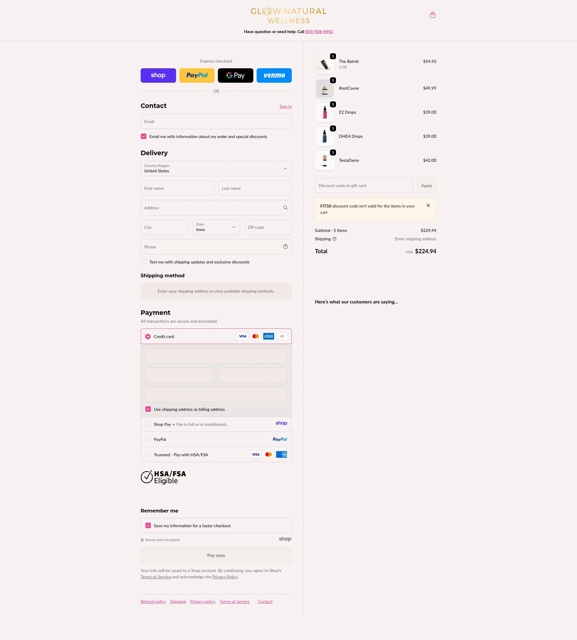 GLOW Natural Wellness checkout page showing GLOW Natural Wellness promo code box | Screenshot taken by SimplyCodes community member on Jan 2, 2026