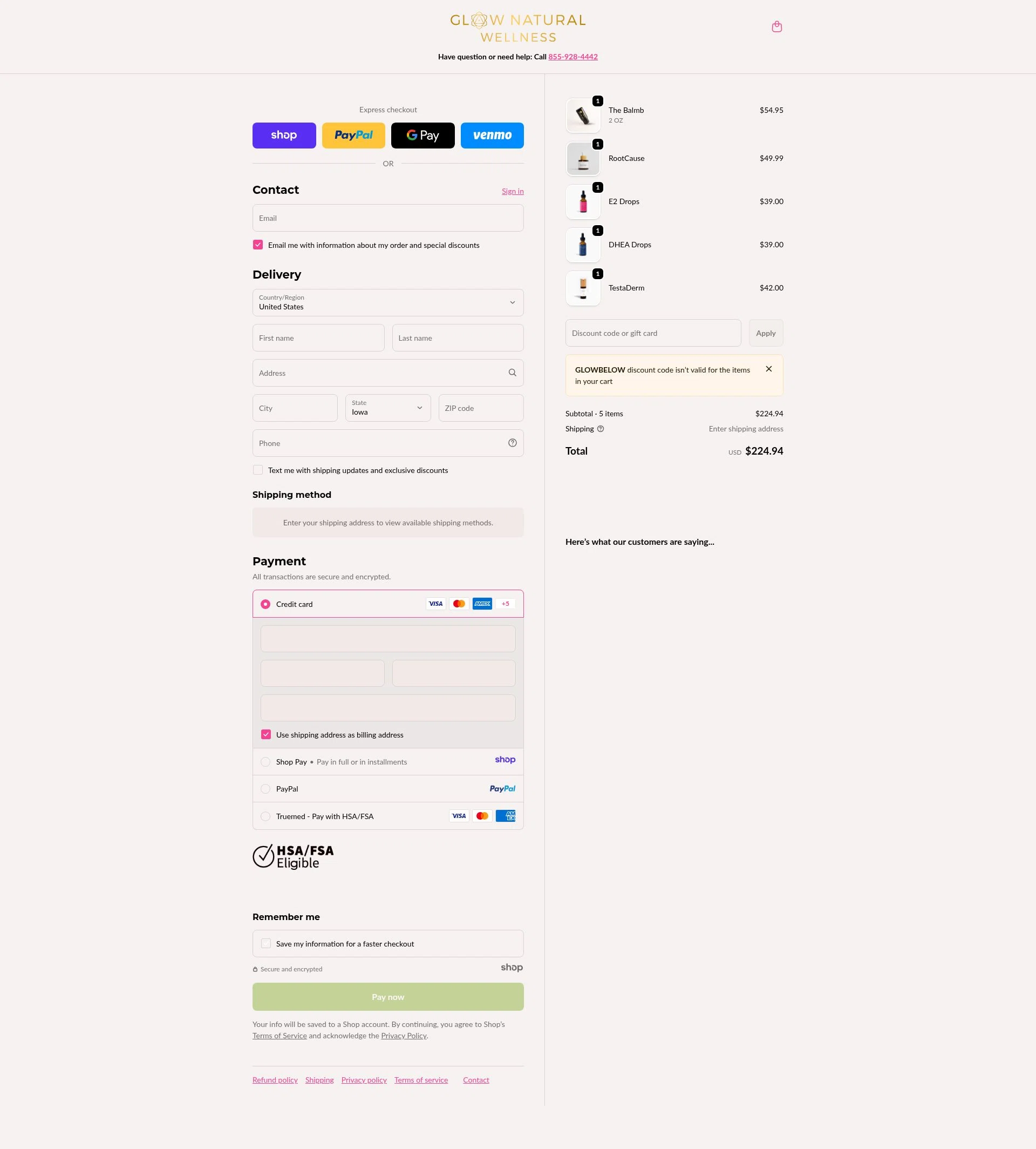 GLOW Natural Wellness checkout page showing GLOW Natural Wellness promo code box | Screenshot taken by SimplyCodes community member on Jan 2, 2026