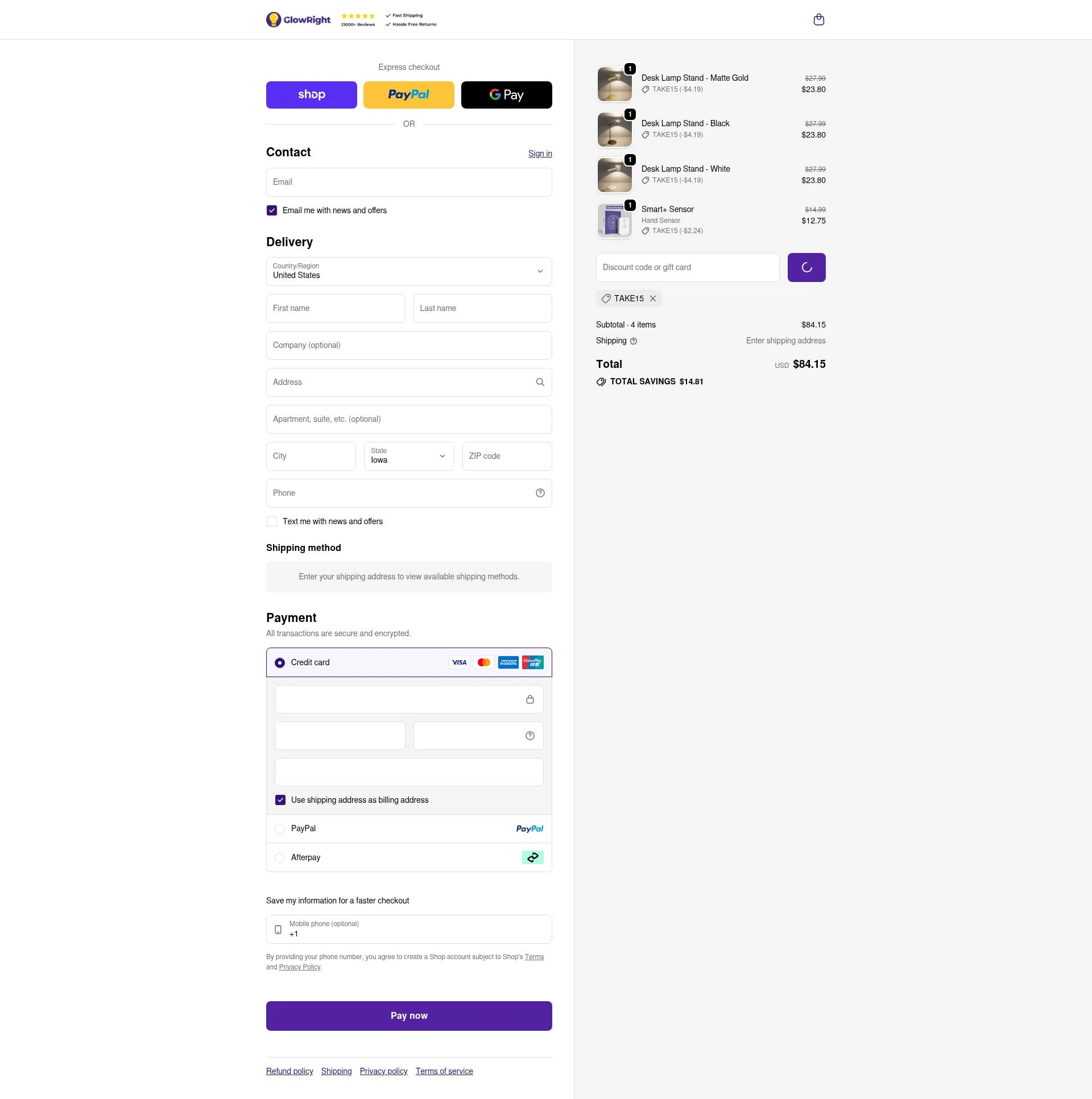 GlowRight checkout page showing GlowRight discount code box | Screenshot taken by SimplyCodes community member on Feb 1, 2026