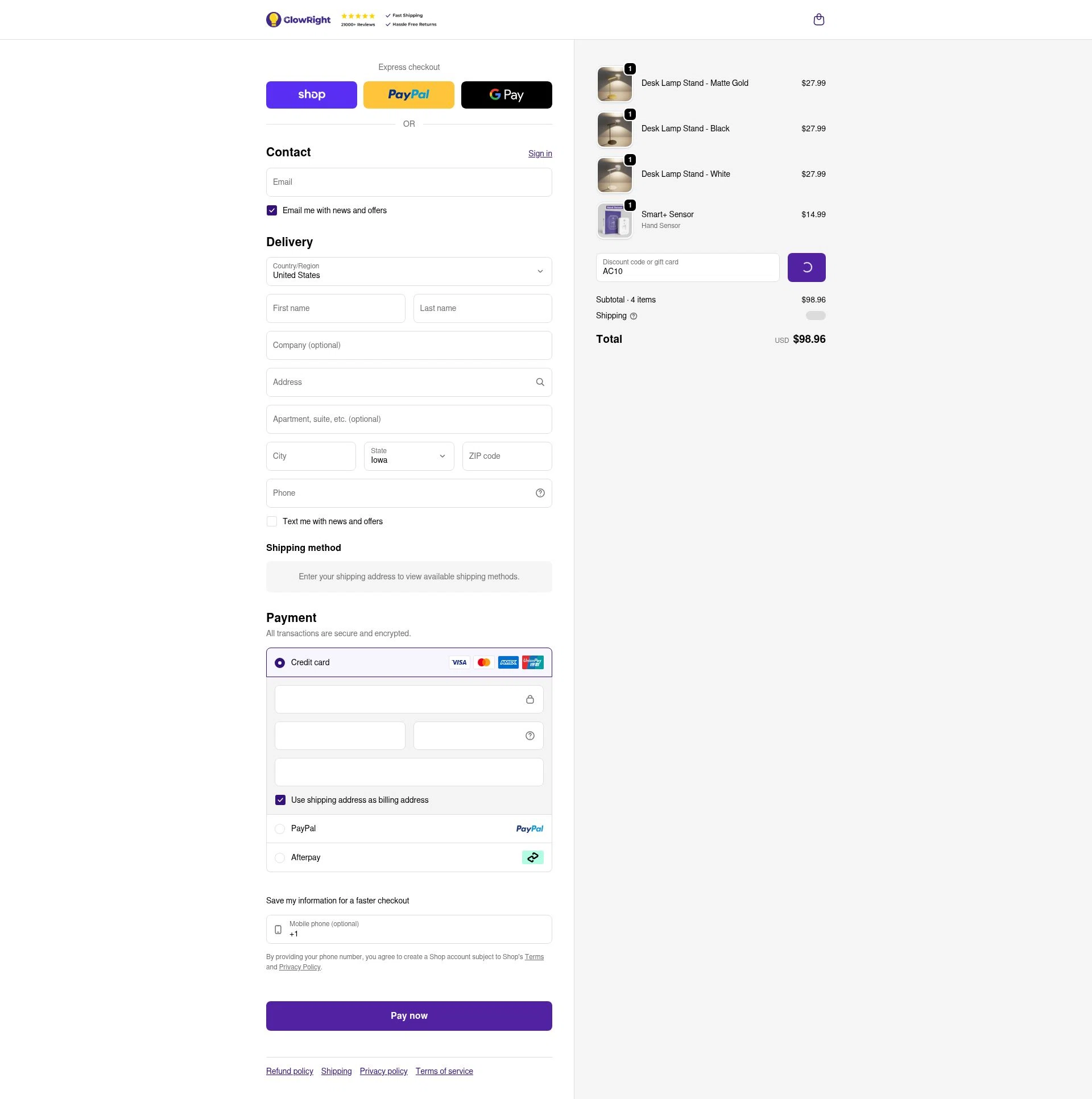 GlowRight checkout page showing GlowRight discount code box | Screenshot taken by SimplyCodes community member on Feb 5, 2026