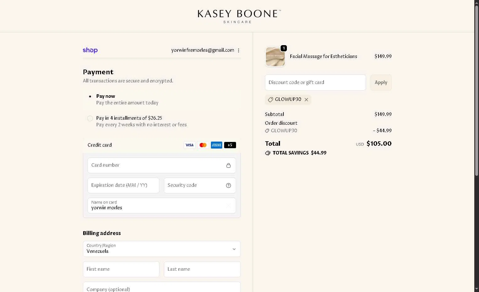 Glow Skincare checkout page showing Glow Skincare discount code box | Screenshot taken by SimplyCodes community member on Jan 18, 2026