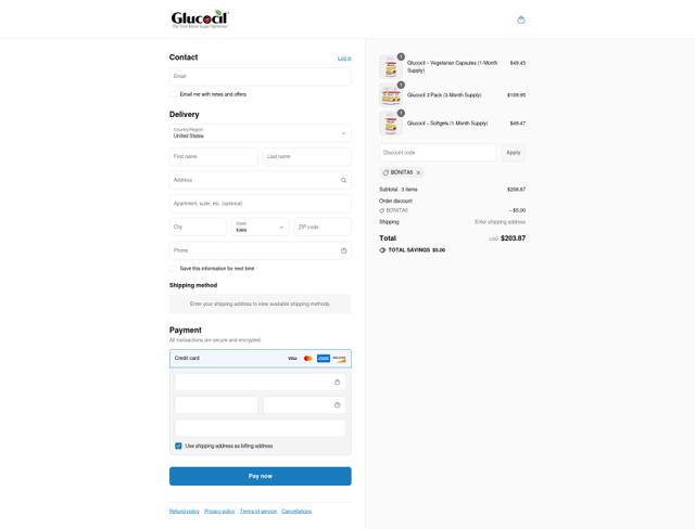 Glucocil checkout page showing Glucocil promo code box | Screenshot taken by SimplyCodes community member on Aug 19, 2025