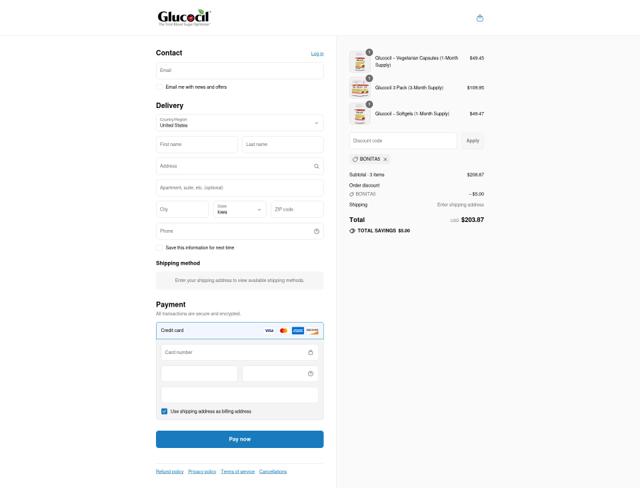 Glucocil checkout page showing Glucocil promo code box | Screenshot taken by SimplyCodes community member on Aug 3, 2025