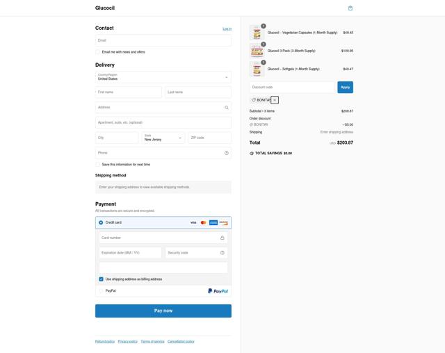 Glucocil checkout page showing Glucocil promo code box | Screenshot taken by SimplyCodes community member on Jan 9, 2025