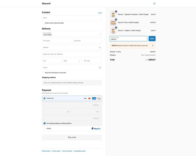 Glucocil checkout page showing Glucocil promo code box | Screenshot taken by SimplyCodes community member on Jan 7, 2025