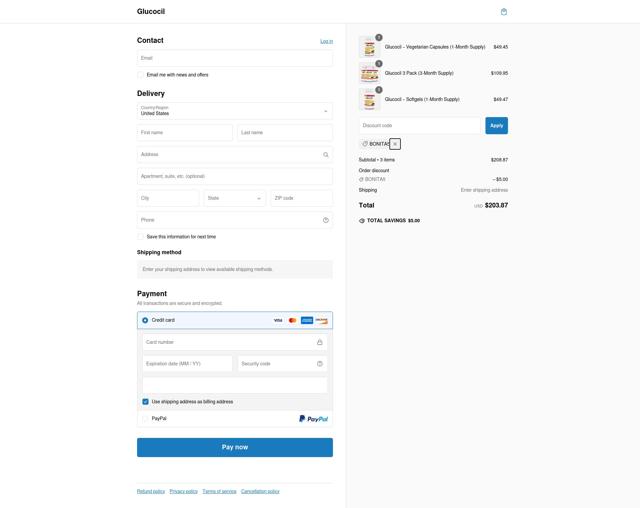 Glucocil checkout page showing Glucocil promo code box | Screenshot taken by SimplyCodes community member on Jan 7, 2025