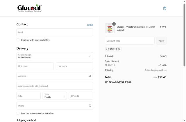 Glucocil checkout page showing Glucocil promo code box | Screenshot taken by SimplyCodes community member on Jul 28, 2025