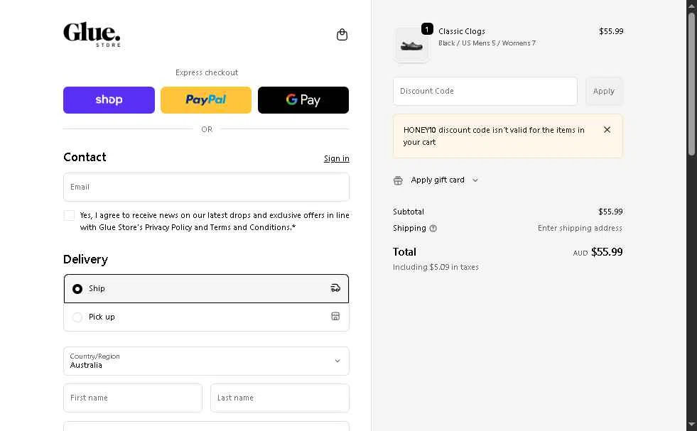 Glue Store checkout page showing Glue Store promo code box | Screenshot taken by SimplyCodes community member on Dec 22, 2025