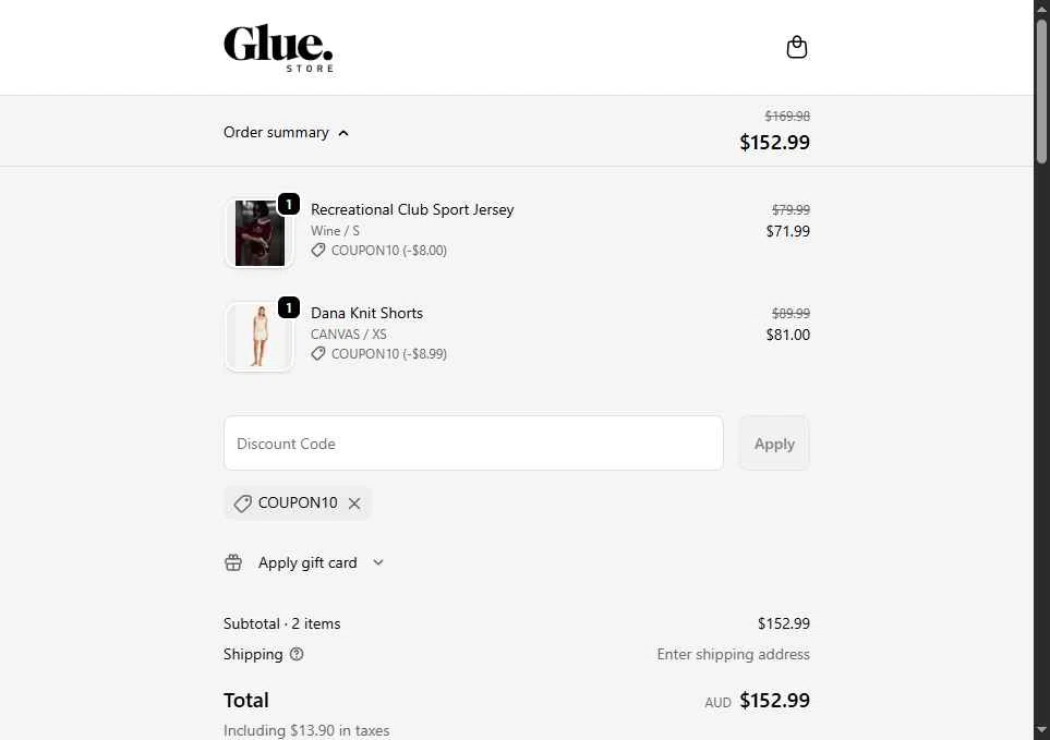 Glue Store checkout page showing Glue Store promo code box | Screenshot taken by SimplyCodes community member on Dec 13, 2025