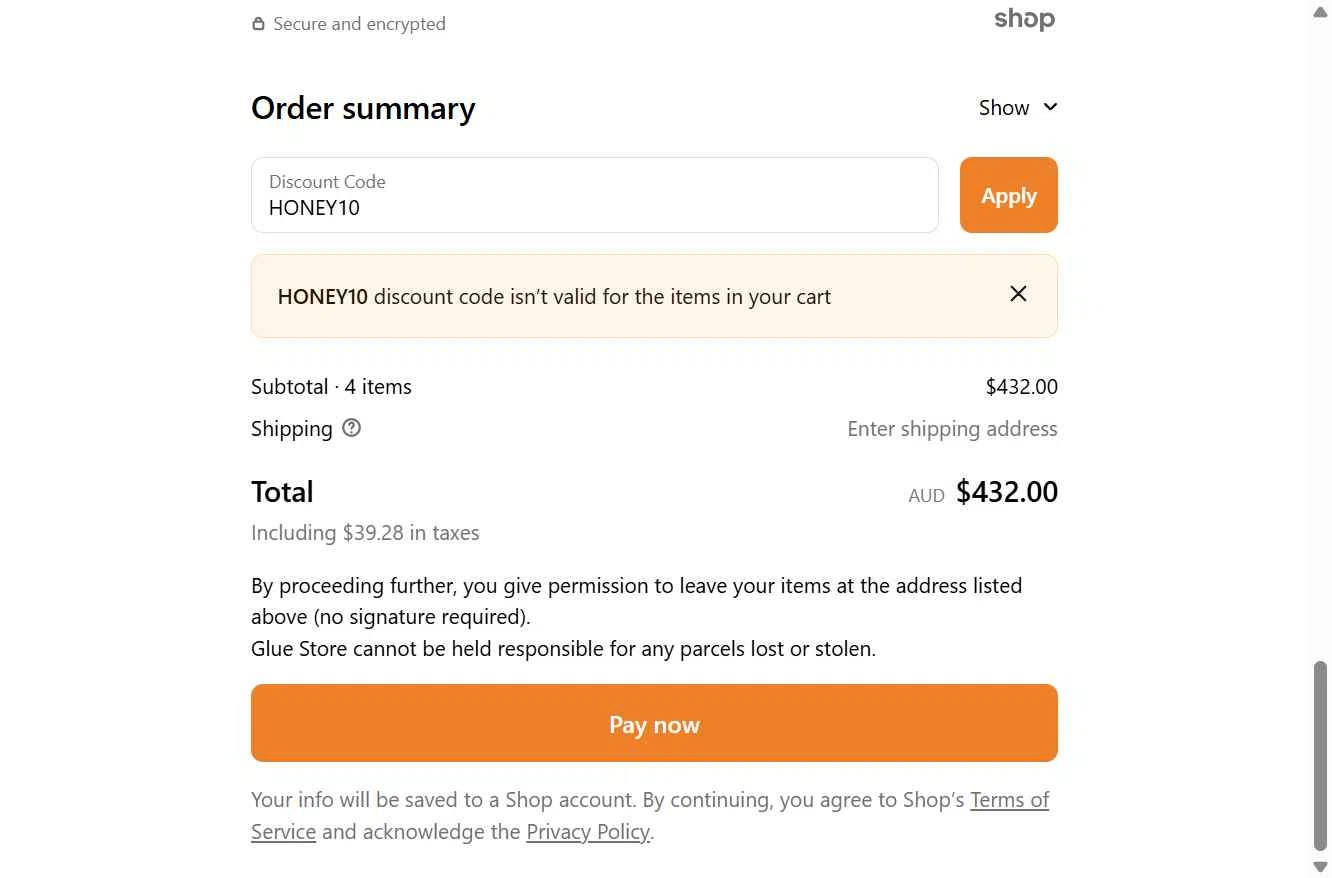 Glue Store checkout page showing Glue Store promo code box | Screenshot taken by SimplyCodes community member on Dec 13, 2025