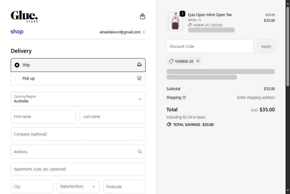 Glue Store checkout page showing Glue Store promo code box | Screenshot taken by SimplyCodes community member on Sep 18, 2025