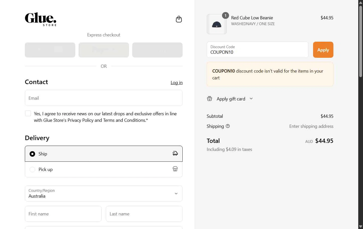 Glue Store checkout page showing Glue Store promo code box | Screenshot taken by SimplyCodes community member on Aug 25, 2025