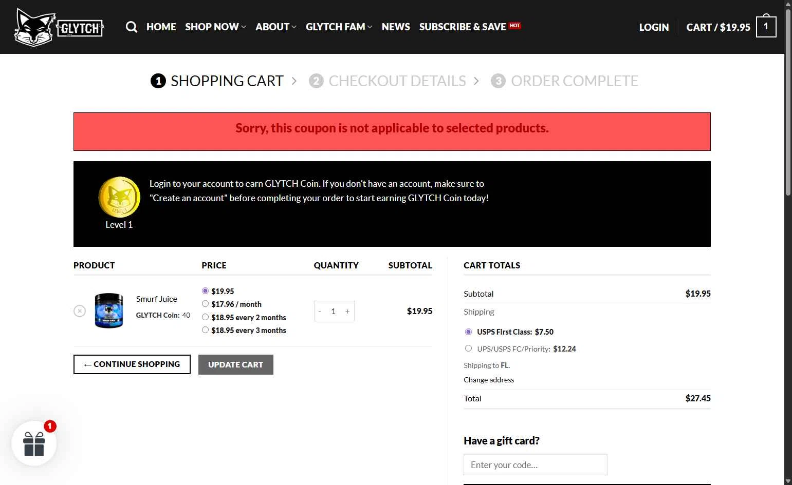 Glytch Energy checkout page showing Glytch Energy promo code box | Screenshot taken by SimplyCodes community member on Dec 29, 2025