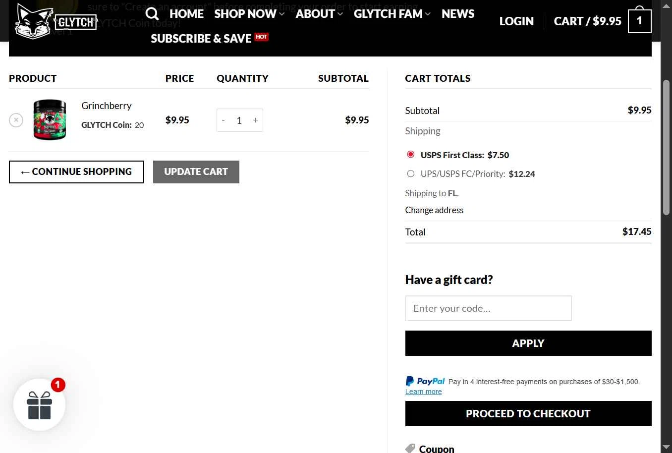 Glytch Energy checkout page showing Glytch Energy promo code box | Screenshot taken by SimplyCodes community member on Dec 30, 2025