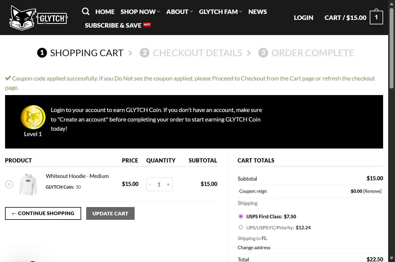 Glytch Energy checkout page showing Glytch Energy promo code box | Screenshot taken by SimplyCodes community member on Jan 2, 2026