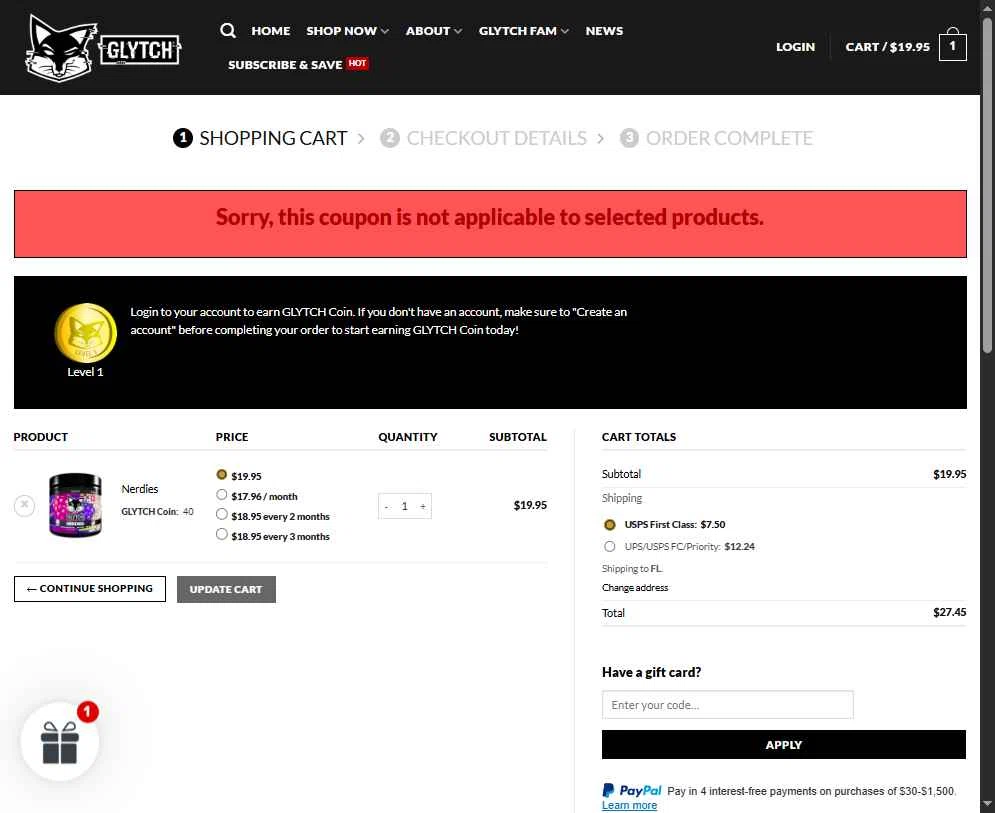 Glytch Energy checkout page showing Glytch Energy promo code box | Screenshot taken by SimplyCodes community member on Dec 31, 2025