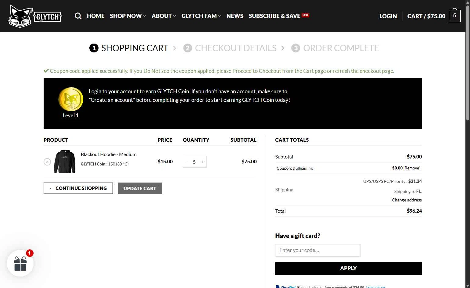 Glytch Energy checkout page showing Glytch Energy promo code box | Screenshot taken by SimplyCodes community member on Dec 31, 2025