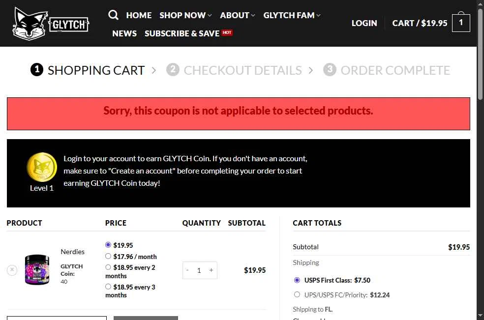 Glytch Energy checkout page showing Glytch Energy promo code box | Screenshot taken by SimplyCodes community member on Dec 31, 2025