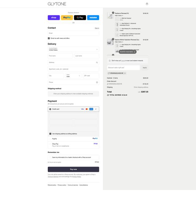 Glytone checkout page showing Glytone promo code box | Screenshot taken by SimplyCodes community member on Sep 10, 2025