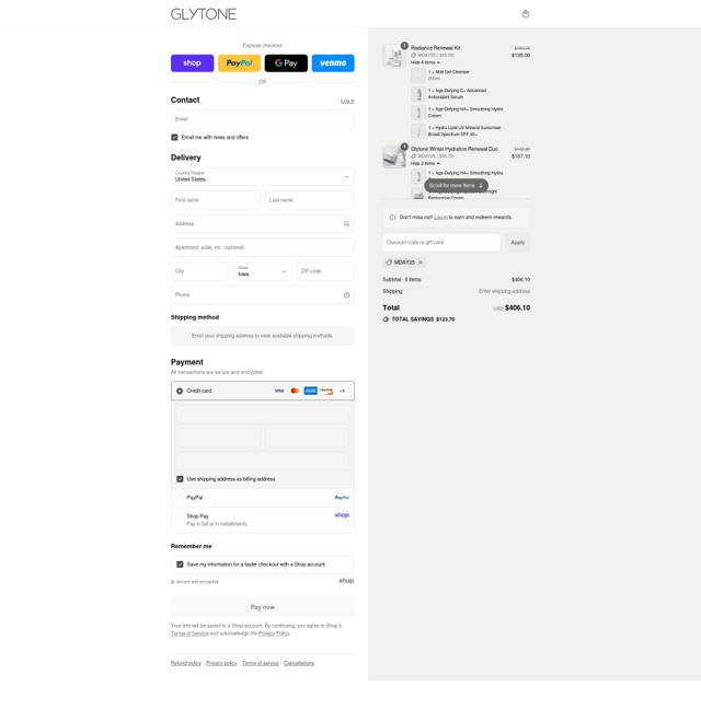 Glytone checkout page showing Glytone promo code box | Screenshot taken by SimplyCodes community member on Sep 6, 2025